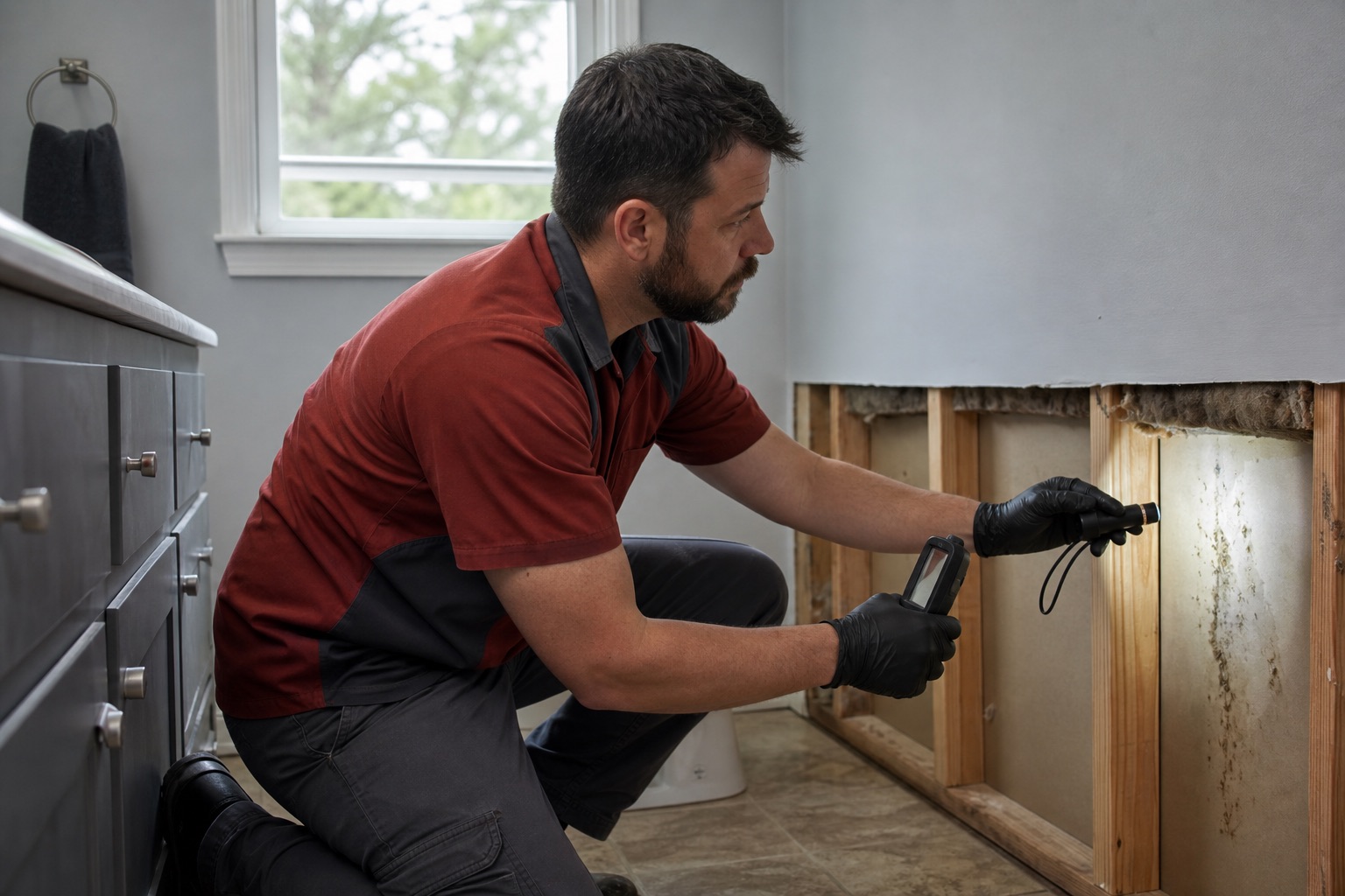 Mold remediation team working inside a contained room with air-control equipment